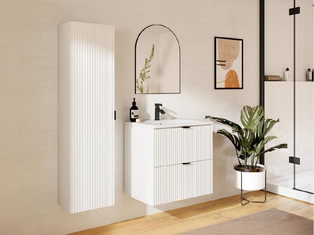Vente Unique Meuble De Salle De Bain Suspendu Strié Avec Vasque à Encastrer Et Colonne - Blanc Mat - 60 Cm - ZEVINI