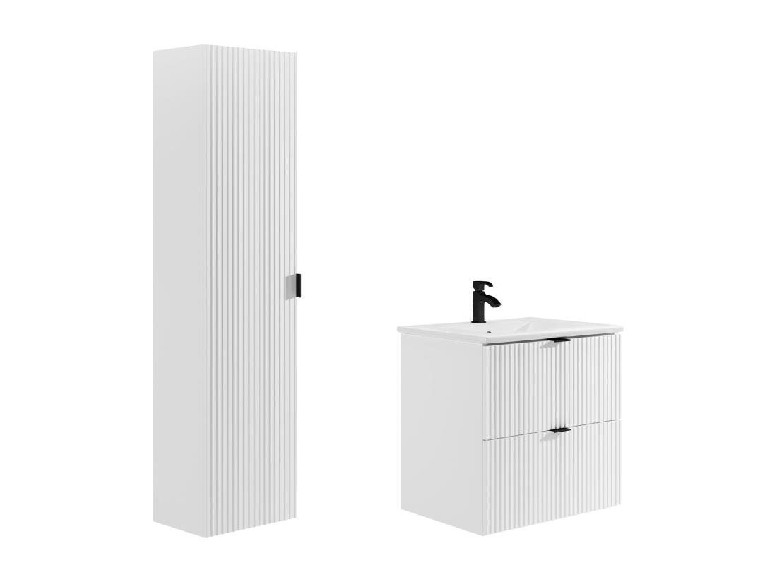 Vente Unique Meuble De Salle De Bain Suspendu Strié Avec Vasque à Encastrer Et Colonne - Blanc Mat - 60 Cm - ZEVINI