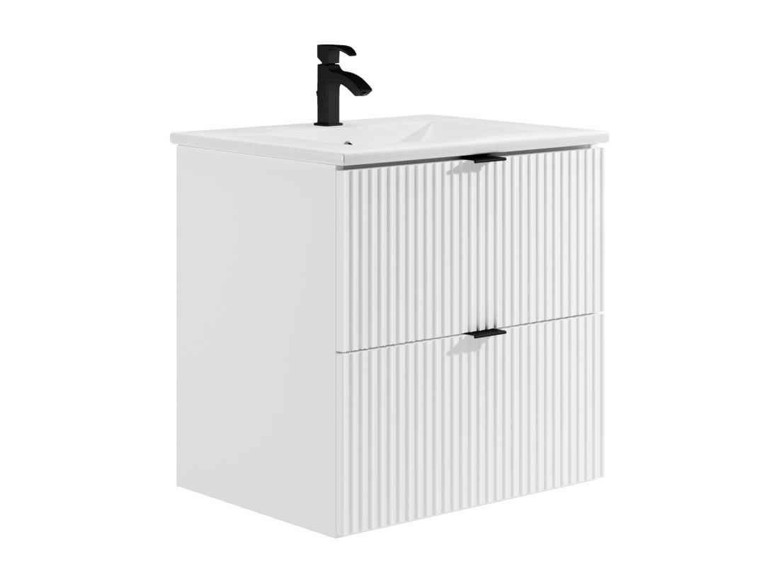 Vente Unique Meuble De Salle De Bain Suspendu Strié Avec Vasque à Encastrer Et Colonne - Blanc Mat - 60 Cm - ZEVINI