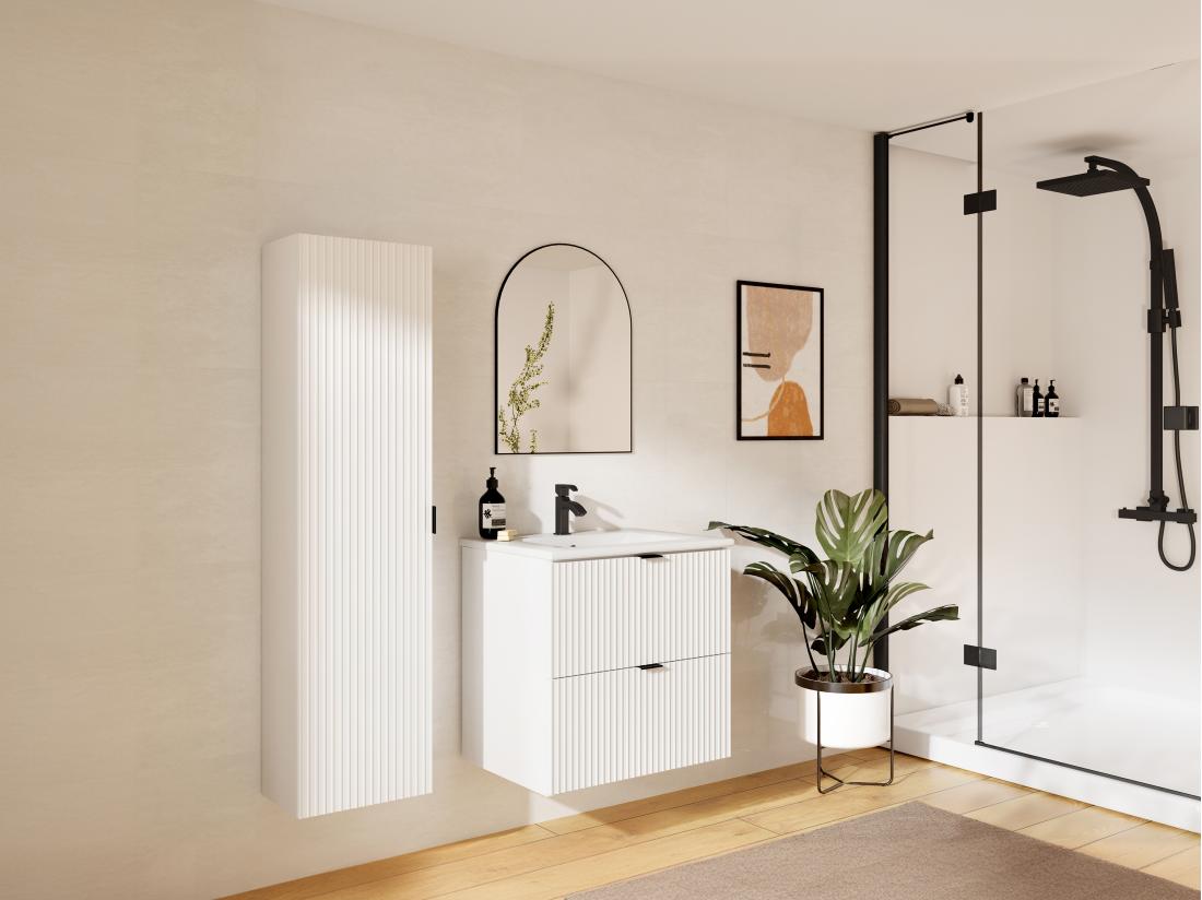 vente unique Meuble de salle de bain suspendu strié avec vasque à encastrer et colonne - Blanc mat - 60 cm - ZEVINI