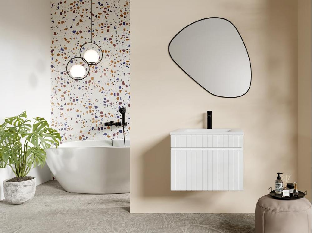 Vente Unique Meuble De Salle De Bain Suspendu Strié Blanc Avec Vasque à Encastrer - 60 Cm - SATARA