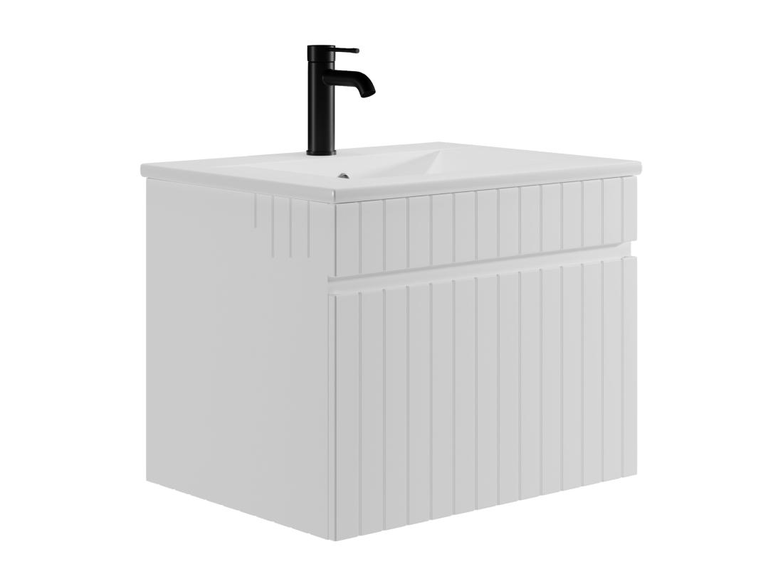Vente Unique Meuble De Salle De Bain Suspendu Strié Blanc Avec Vasque à Encastrer - 60 Cm - SATARA