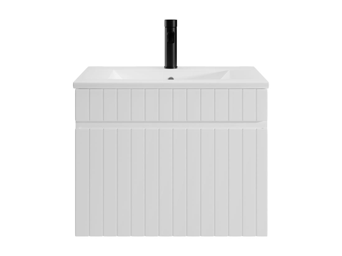 Vente Unique Meuble De Salle De Bain Suspendu Strié Blanc Avec Vasque à Encastrer - 60 Cm - SATARA