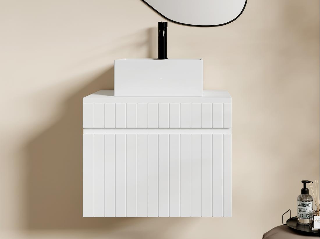 Vente Unique Meuble De Salle De Bain Suspendu Strié Blanc Avec Vasque Carrée à Poser - 60 Cm - SATARA