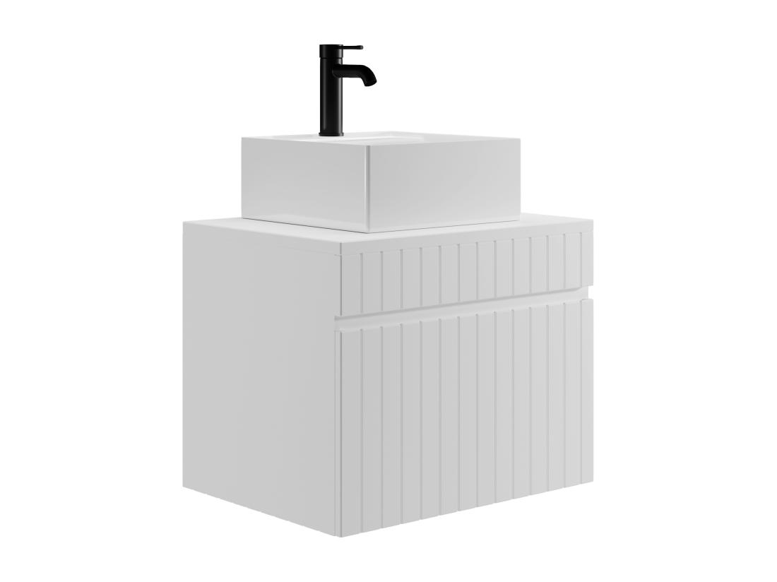 Vente Unique Meuble De Salle De Bain Suspendu Strié Blanc Avec Vasque Carrée à Poser - 60 Cm - SATARA