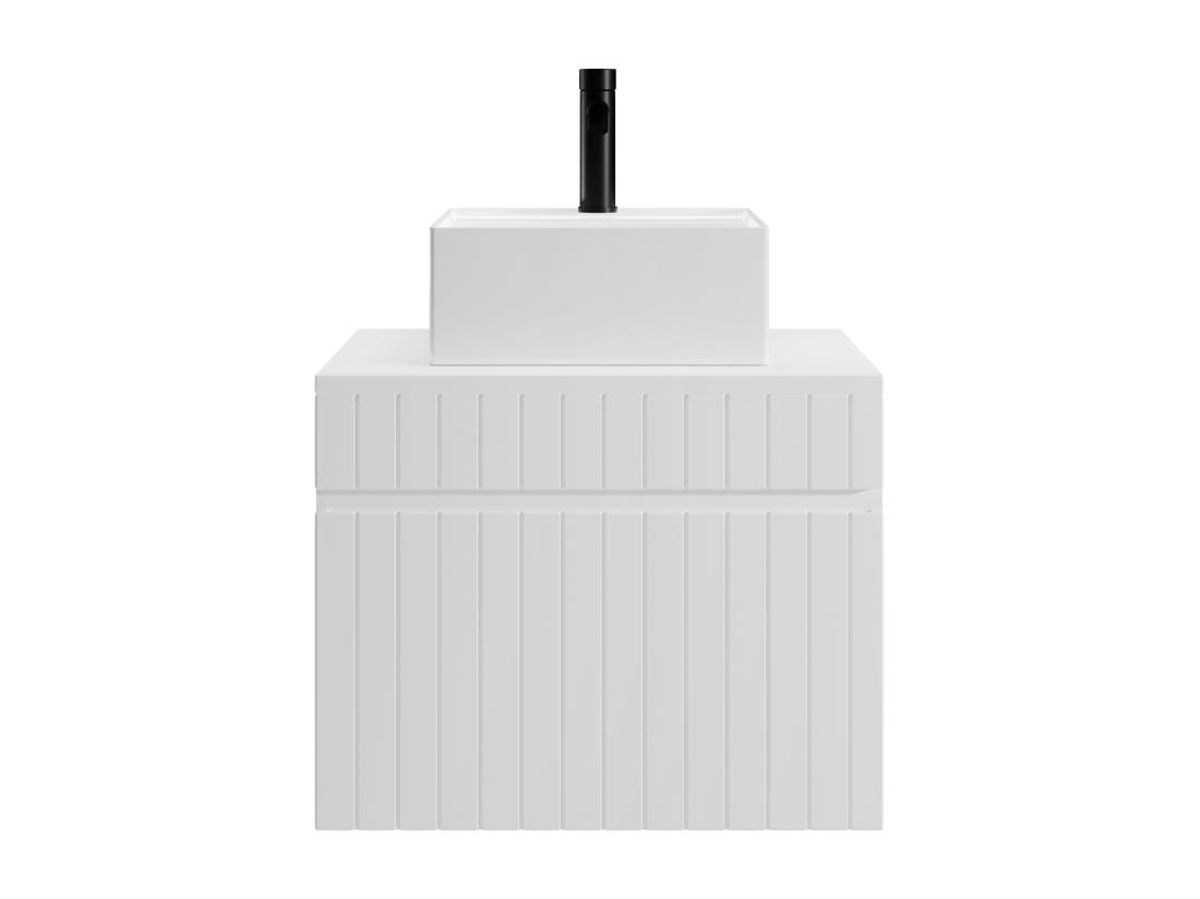 Vente Unique Meuble De Salle De Bain Suspendu Strié Blanc Avec Vasque Carrée à Poser - 60 Cm - SATARA