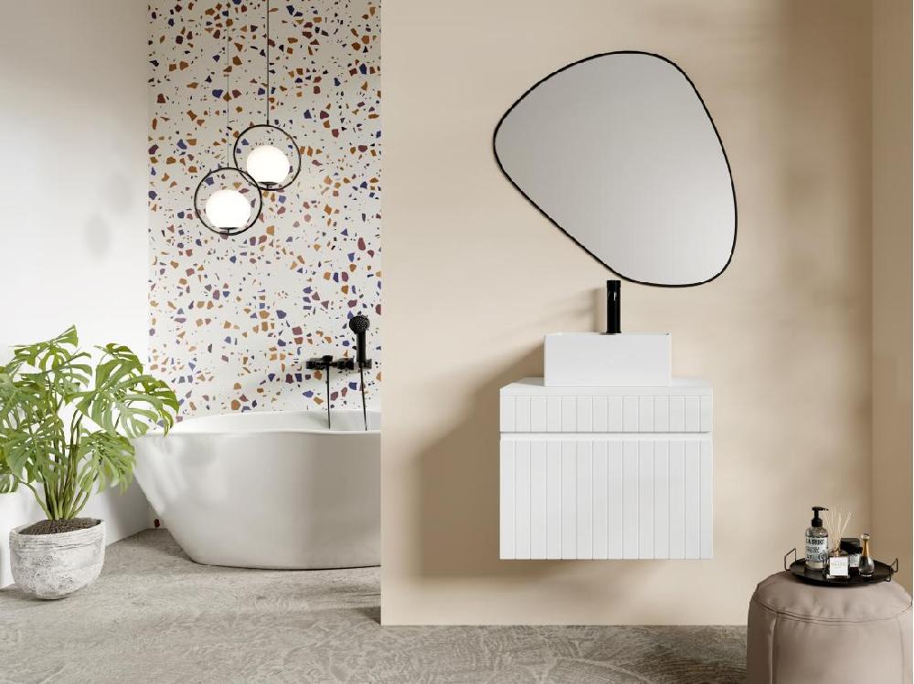 vente unique Meuble de salle de bain suspendu strié blanc avec vasque carrée à poser - 60 cm - SATARA