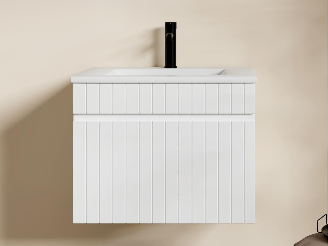 vente unique Meuble de salle de bain suspendu strié blanc avec vasque à encastrer - 60 cm - SATARA