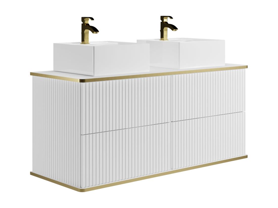 Vente Unique Meuble De Salle De Bain Suspendu Strié Liseré Doré Avec Double Vasque à Poser Carrée - Blanc - 120 Cm - KELIZA