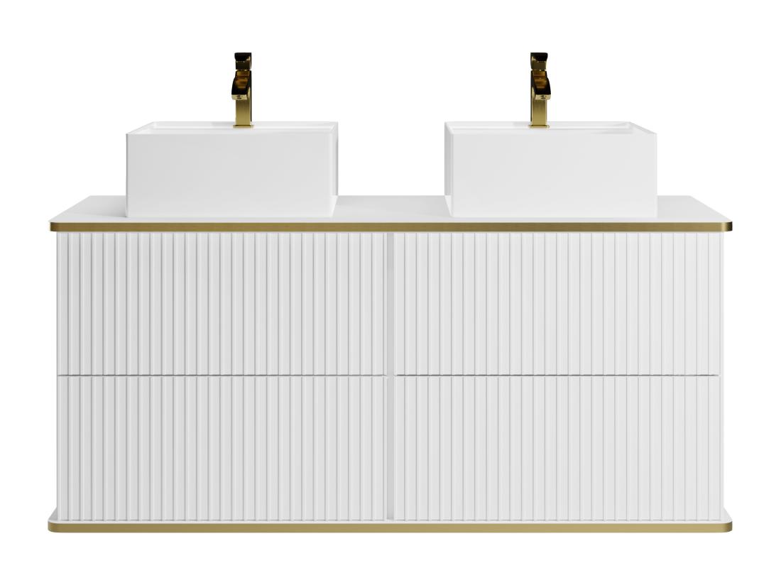 Vente Unique Meuble De Salle De Bain Suspendu Strié Liseré Doré Avec Double Vasque à Poser Carrée - Blanc - 120 Cm - KELIZA