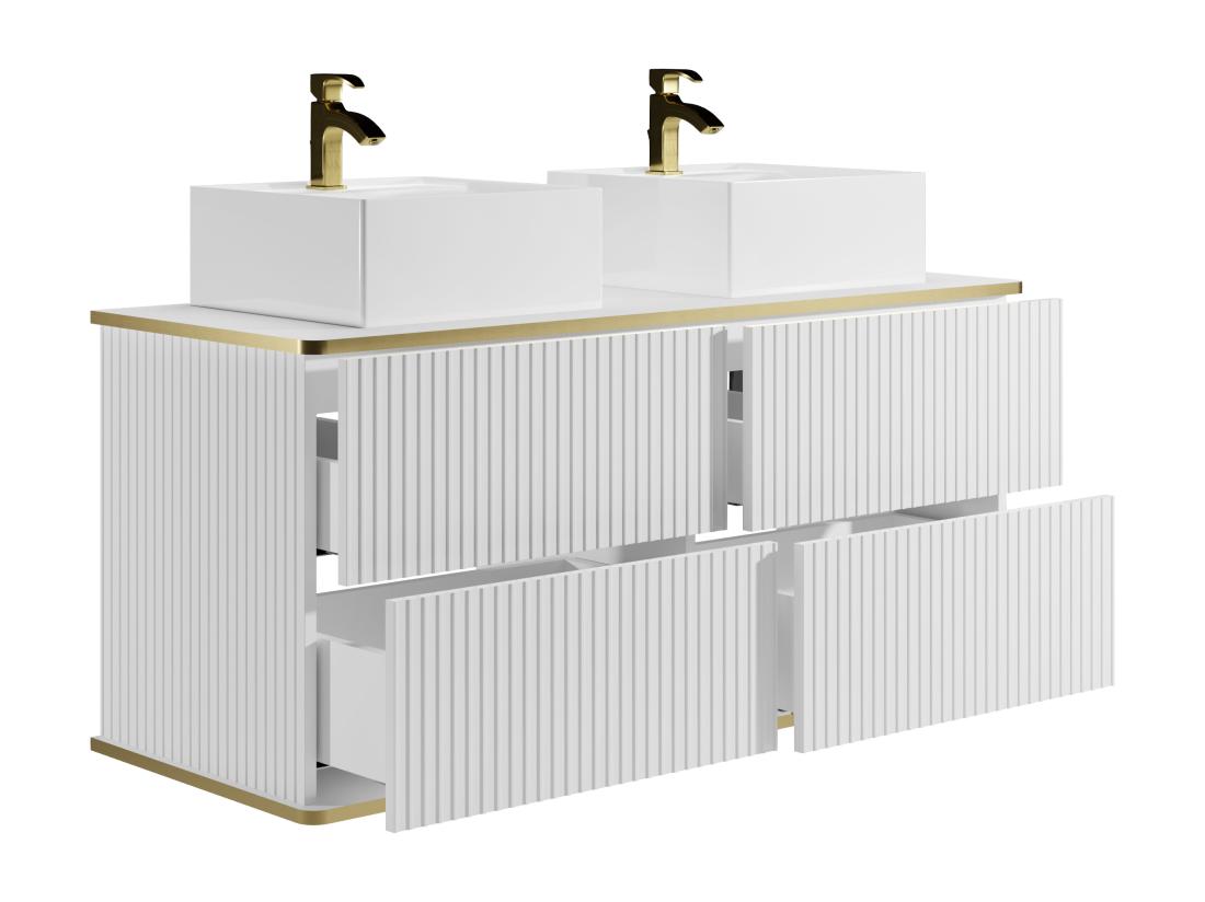 Vente Unique Meuble De Salle De Bain Suspendu Strié Liseré Doré Avec Double Vasque à Poser Carrée - Blanc - 120 Cm - KELIZA