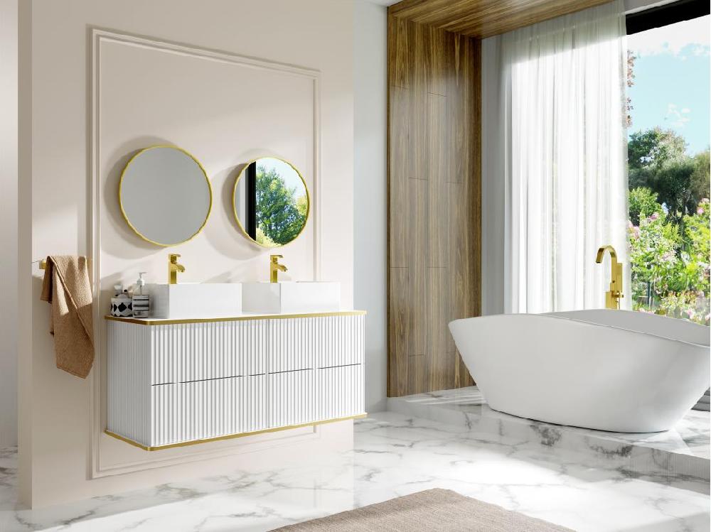 vente unique Meuble de salle de bain suspendu strié liseré doré avec double vasque à poser carrée - Blanc - 120 cm - KELIZA