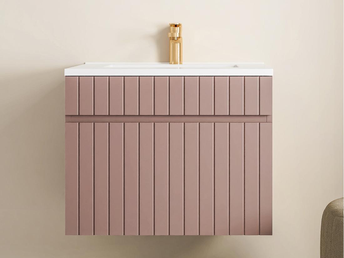 Vente Unique Meuble De Salle De Bain Suspendu Strié Rose Avec Vasque à Encastrer - 60 Cm - SATARA