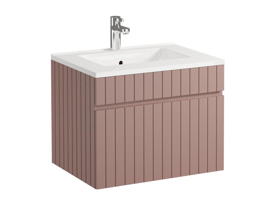 Vente Unique Meuble De Salle De Bain Suspendu Strié Rose Avec Vasque à Encastrer - 60 Cm - SATARA