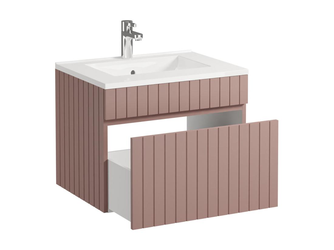 Vente Unique Meuble De Salle De Bain Suspendu Strié Rose Avec Vasque à Encastrer - 60 Cm - SATARA