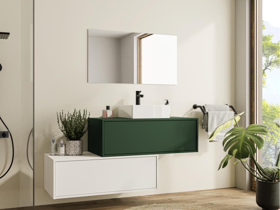 Vente Unique Meuble De Salle De Bain Suspendu Vert Et Blanc Avec Simple Vasque Carrée Et Deux Tiroirs - 94 Cm - TEANA II
