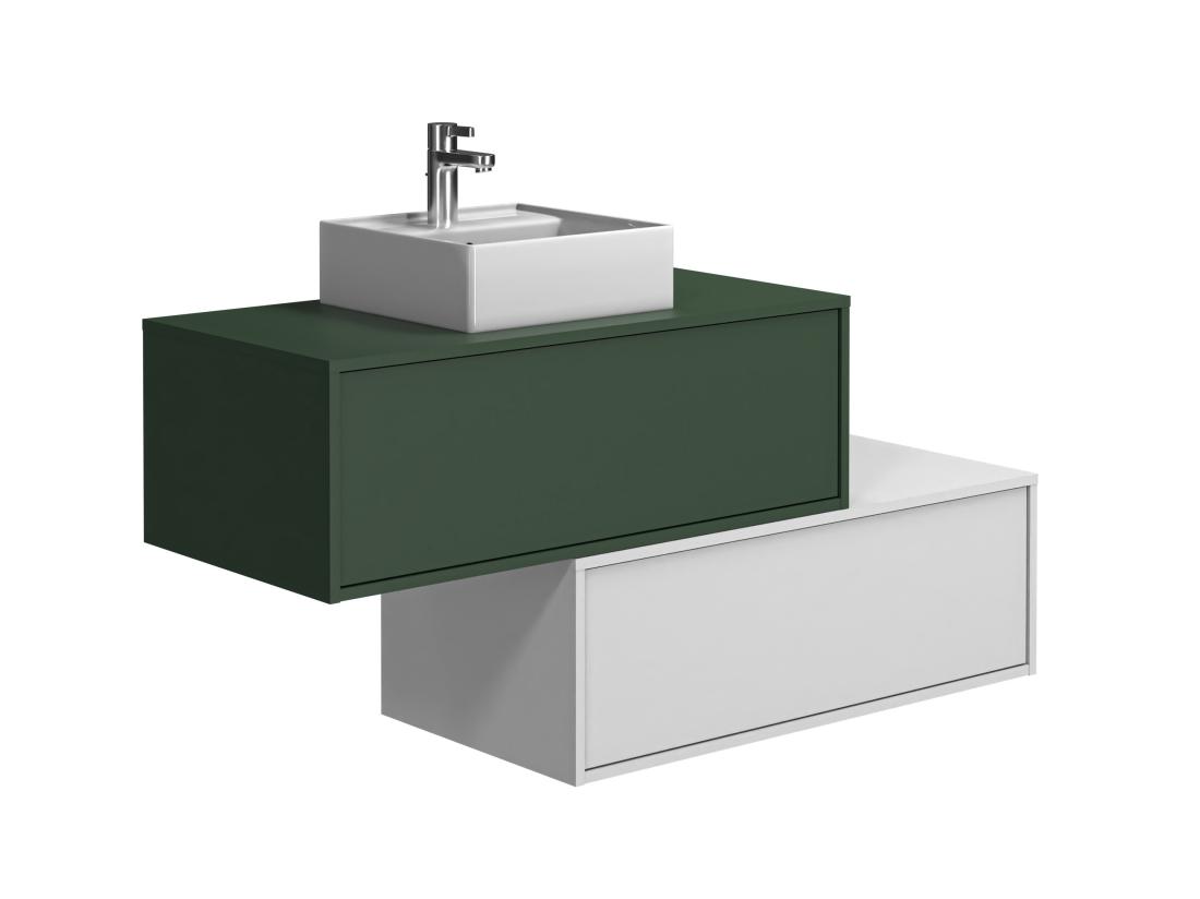 Vente Unique Meuble De Salle De Bain Suspendu Vert Et Blanc Avec Simple Vasque Carrée Et Deux Tiroirs - 94 Cm - TEANA II