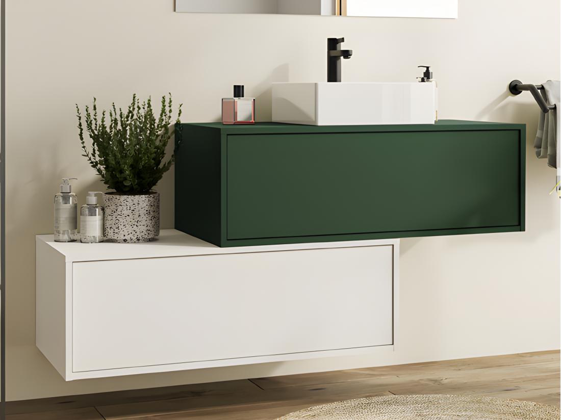 vente unique Meuble de salle de bain suspendu vert et blanc avec simple vasque carrée et deux tiroirs - 94 cm - TEANA II