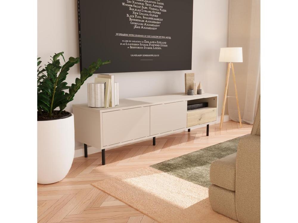 Vente Unique Meuble De Télévision WENA 1 Tiroirs 2 Portes Lola 150x45x40 Cm Cachemire/Chêne Artisanal