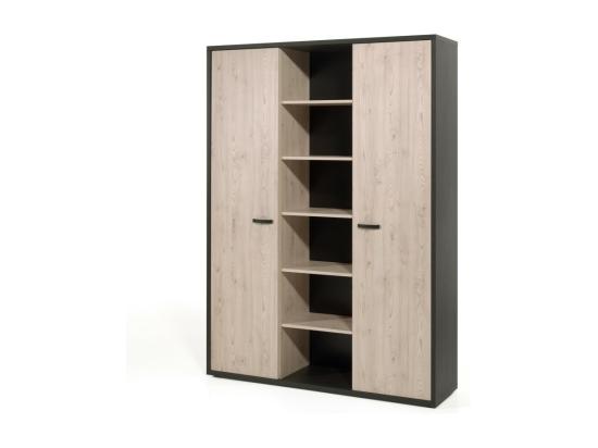 vente unique Meuble haut de rangement pour bureau 2 portes et étagères coloris chêne clair et noir