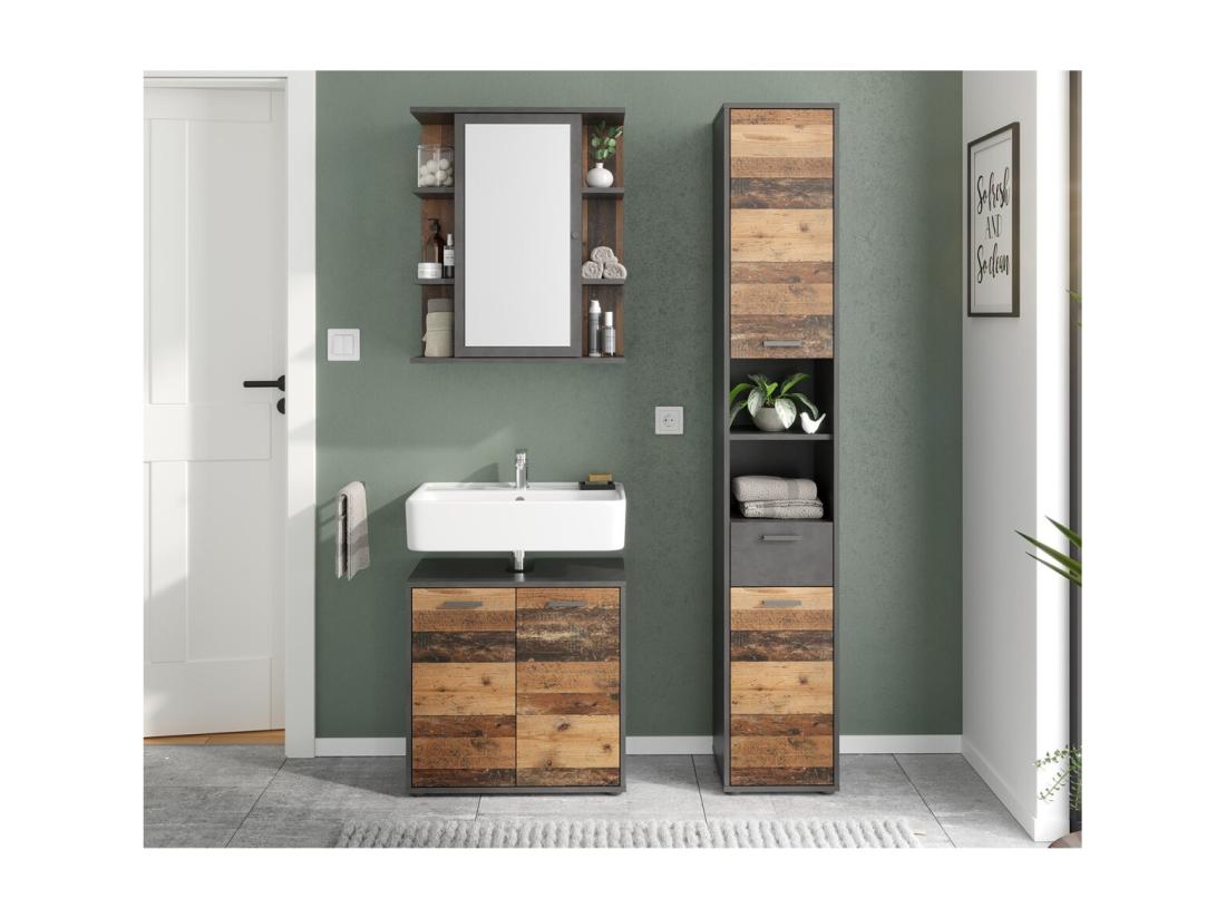 vente unique Meuble Haut de Salle de Bain 1 Porte Miroir et 6 Niches - Madoc