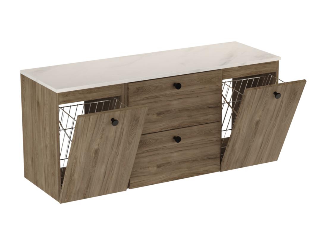 Vente Unique Meuble Lavabo WENA Avec 2 Portes Et 2 Tiroirs Fronts Lisses Avec Panier à Linge Beti 140x60x47 Cm Noyer Foncé/Marbre Bianco