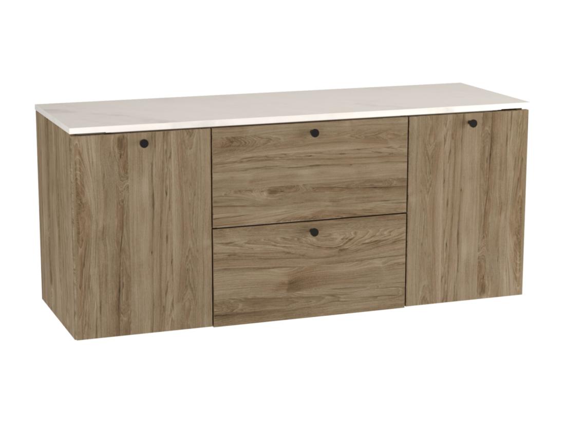 vente unique Meuble lavabo WENA avec 2 portes et 2 tiroirs fronts lisses avec panier à linge Beti 140x60x47 cm Noyer foncé/Marbre Bianco