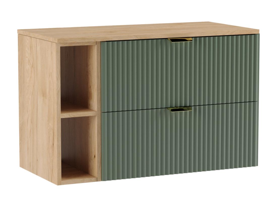 vente unique Meuble lavabo WENA avec étagère façades cannelées Willy 100x60x47 cm Vert/Noyer