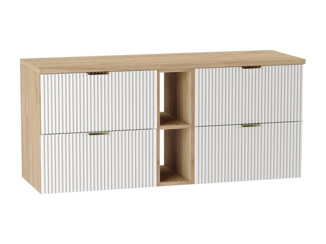 vente unique Meuble lavabo WENA avec étagère façades cannelées Willy 140x60x47 cm Blanc/Noyer