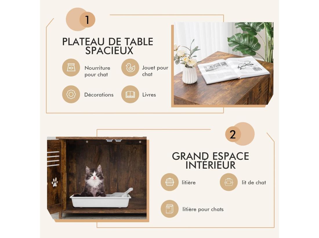 Vente Unique Meuble Litiere Chat Avec Portes à Persiennes Et 2 Poignées Découpées Style Industriel 70 X 52 X 51 CM