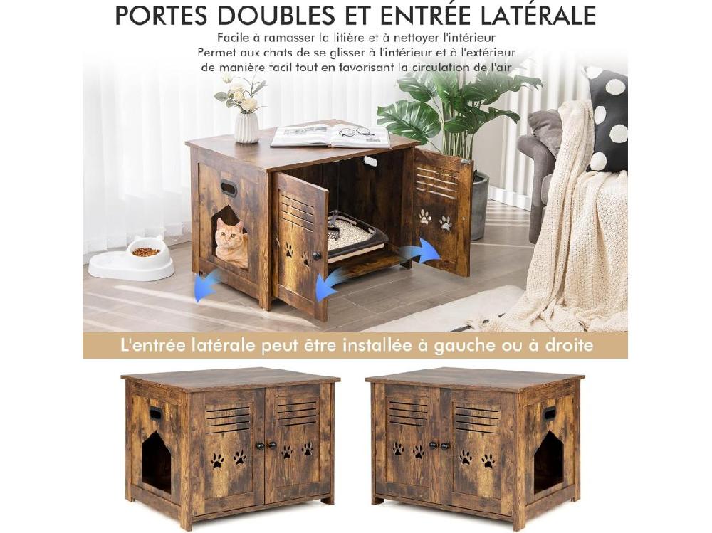Vente Unique Meuble Litiere Chat Avec Portes à Persiennes Et 2 Poignées Découpées Style Industriel 70 X 52 X 51 CM