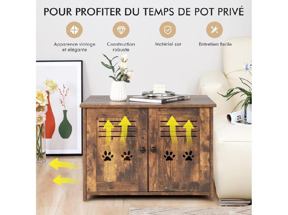 Vente Unique Meuble Litiere Chat Avec Portes à Persiennes Et 2 Poignées Découpées Style Industriel 70 X 52 X 51 CM