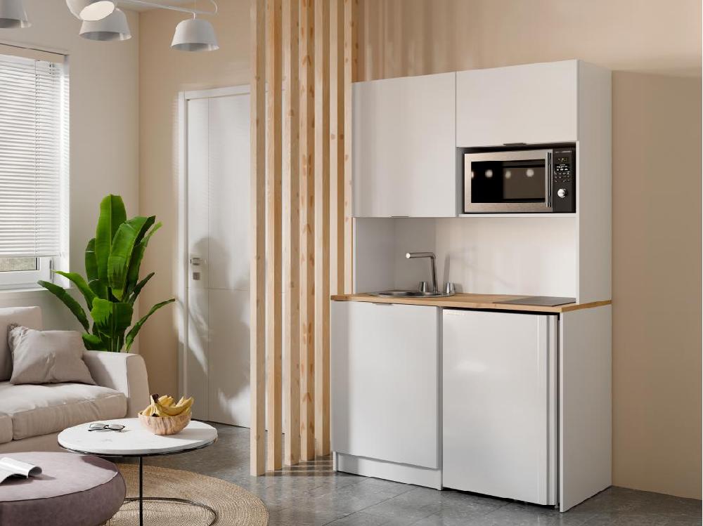 Vente Unique Meuble Multifonction Kitchenette Et Buanderie - Avec Plan De Travail 120 Cm - Blanc Et Naturel - CARMEO