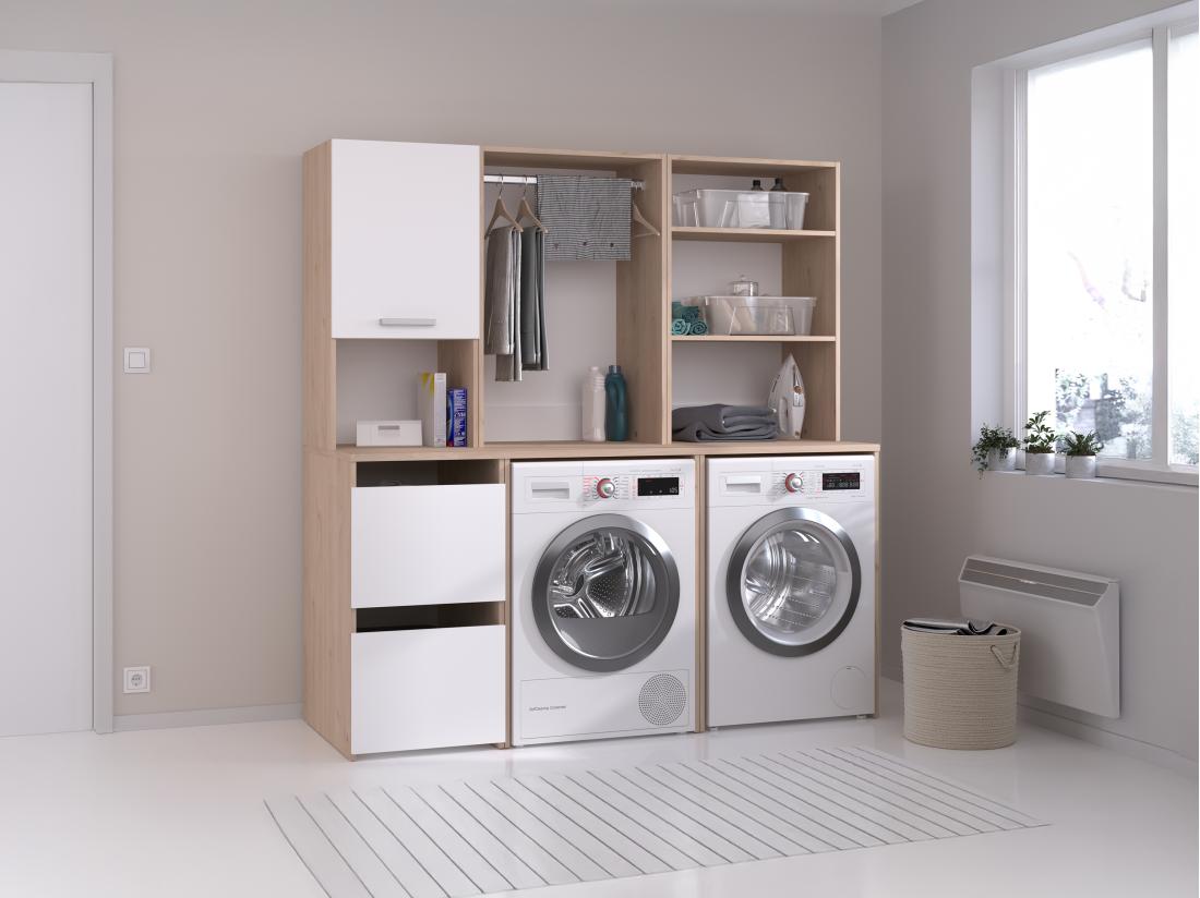 vente unique Meuble pour 2 machines à laver avec étagères penderie et placards - Naturel clair et blanc - L176 x H184 x P66 cm - ERKANO