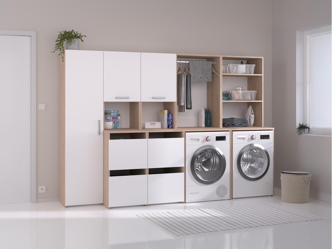 vente unique Meuble pour 2 machines à laver avec étagères penderie placard et colonne - Naturel clair et blanc - L269 x H184 cm - ERKANO