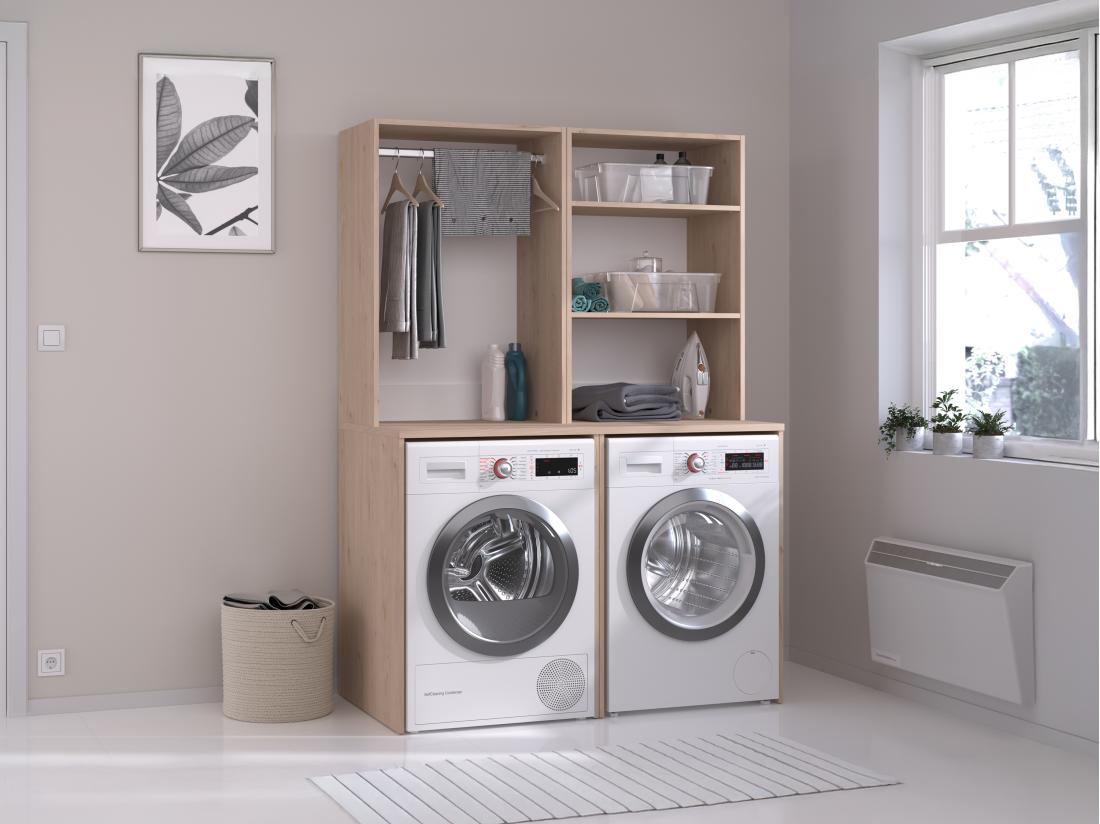 Vente Unique Meuble Pour 2 Machines à Laver Avec Penderie Et étagères - Naturel Clair - H184 X L128 Cm - ERKANO