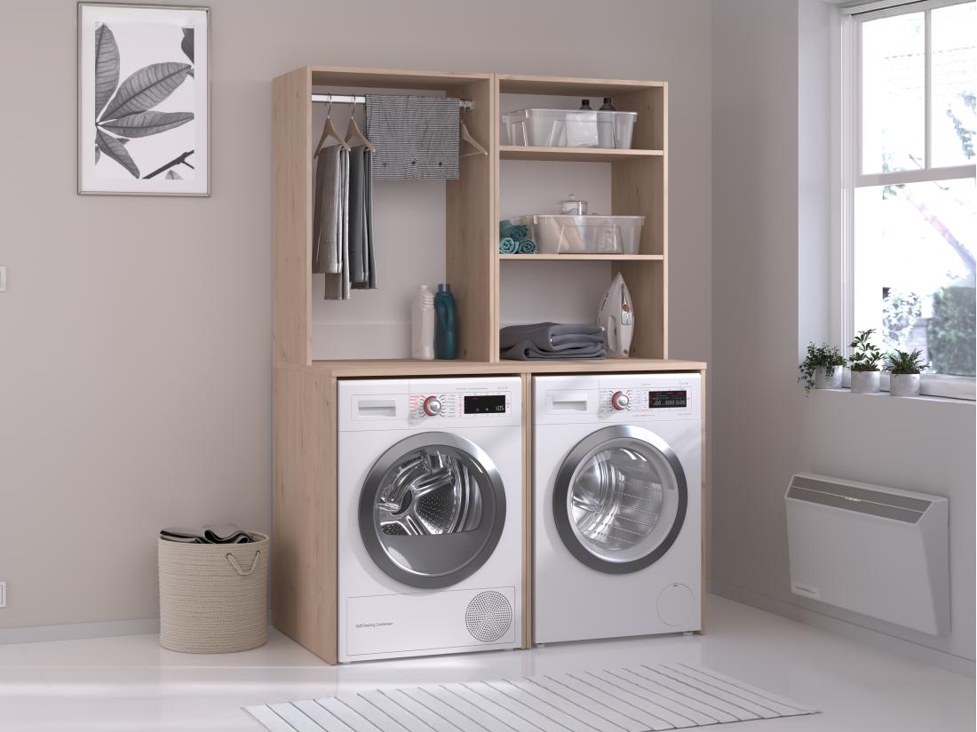 vente unique Meuble pour 2 machines à laver avec penderie et étagères - Naturel clair - H184 x L128 cm - ERKANO