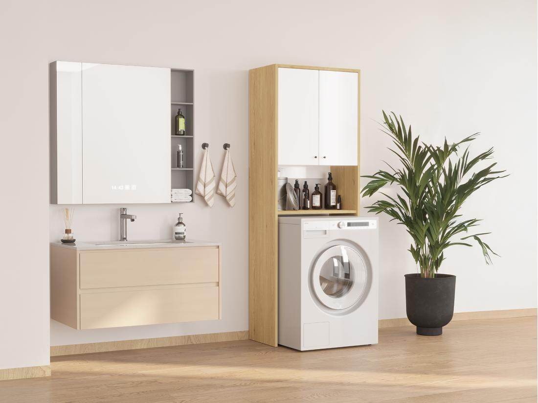 vente unique Meuble pour machine à laver avec double portes - L65 x H180 cm - Blanc et naturel clair - WORIKA