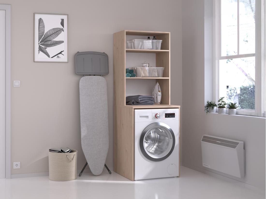vente unique Meuble pour machine à laver avec étagères - Naturel clair - L65 x H184 cm - ERKANO