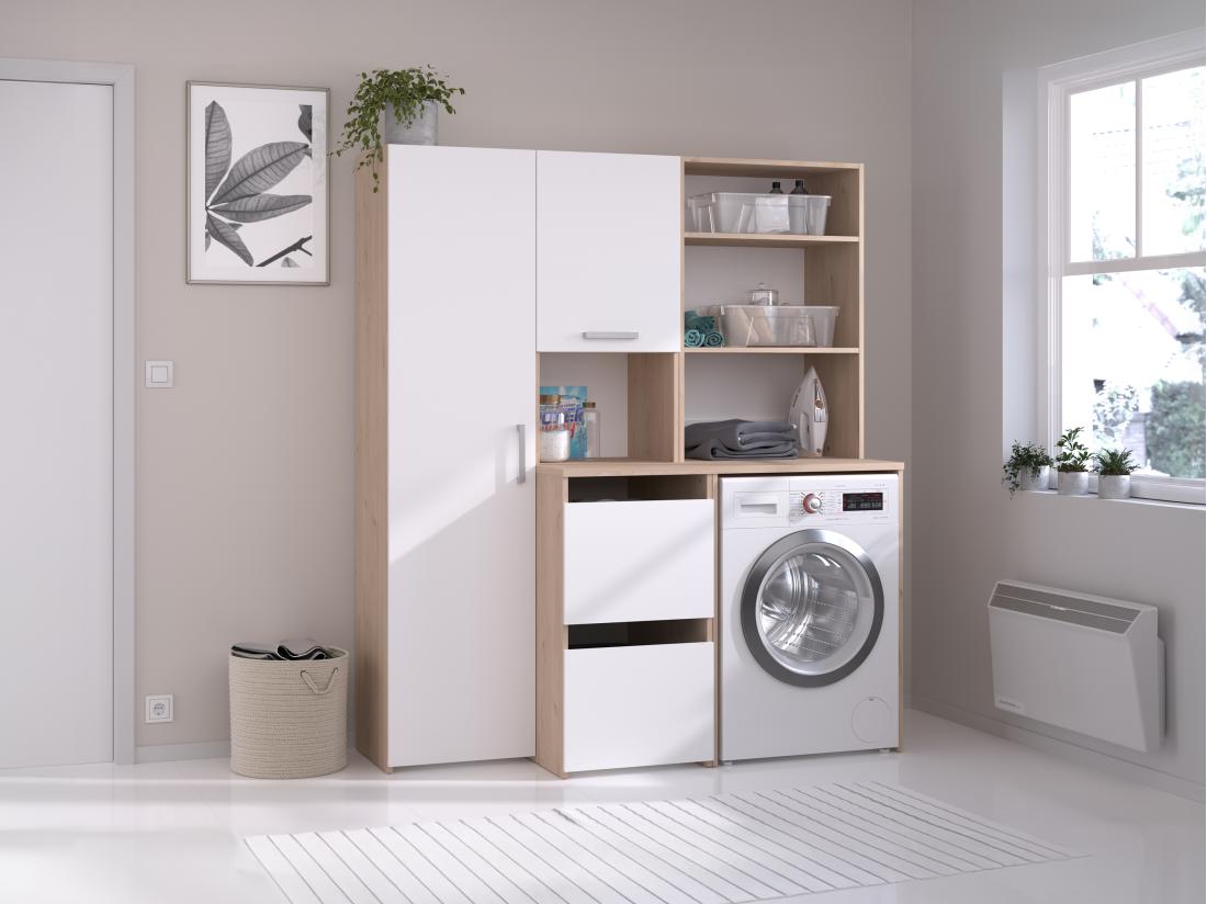 Vente Unique Meuble Pour Machine à Laver Avec étagères Placards Et Colonne De Rangement - Naturel Clair Et Blanc - L156 X H184 Cm - ERKANO
