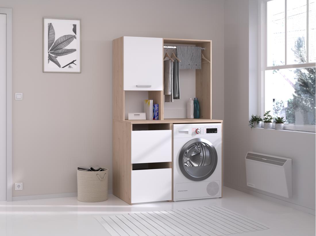 vente unique Meuble pour machine à laver avec penderie et placards - Naturel clair et blanc - L111 x H184 cm - ERKANO
