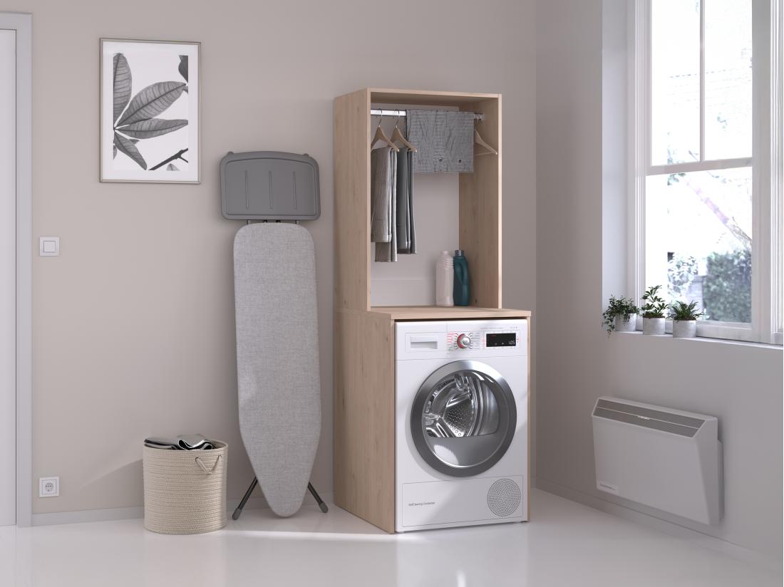 vente unique Meuble pour machine à laver avec penderie - Naturel clair - L65 x H184 cm - ERKANO