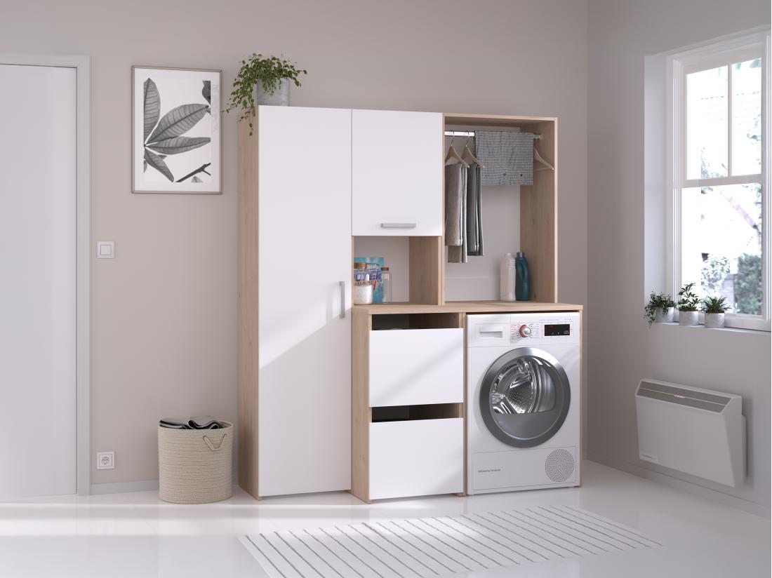 Vente Unique Meuble Pour Machine à Laver Avec Penderie Placard Et Colonne De Rangement - Naturel Clair Et Blanc - L157 X H184 Cm - ERKANO
