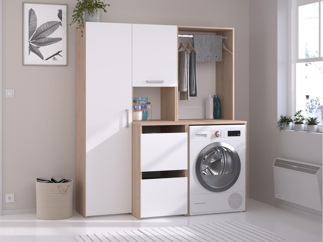 Vente Unique Meuble Pour Machine à Laver Avec Penderie Placard Et Colonne De Rangement - Naturel Clair Et Blanc - L157 X H184 Cm - ERKANO
