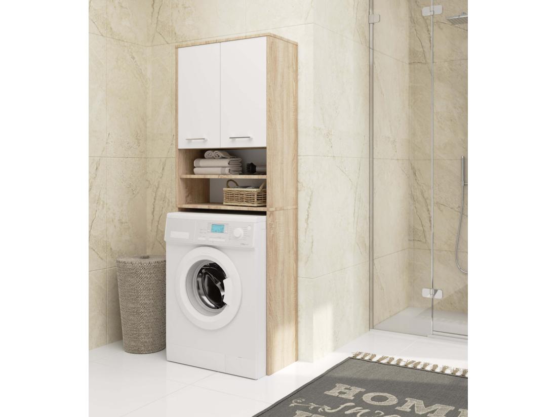 Vente Unique Meuble Pour Machine à Laver FIN Chêne Sonoma 64 Cm 2 Portes Façade Blanche Niche 4 étagères 64x30x180 Cm