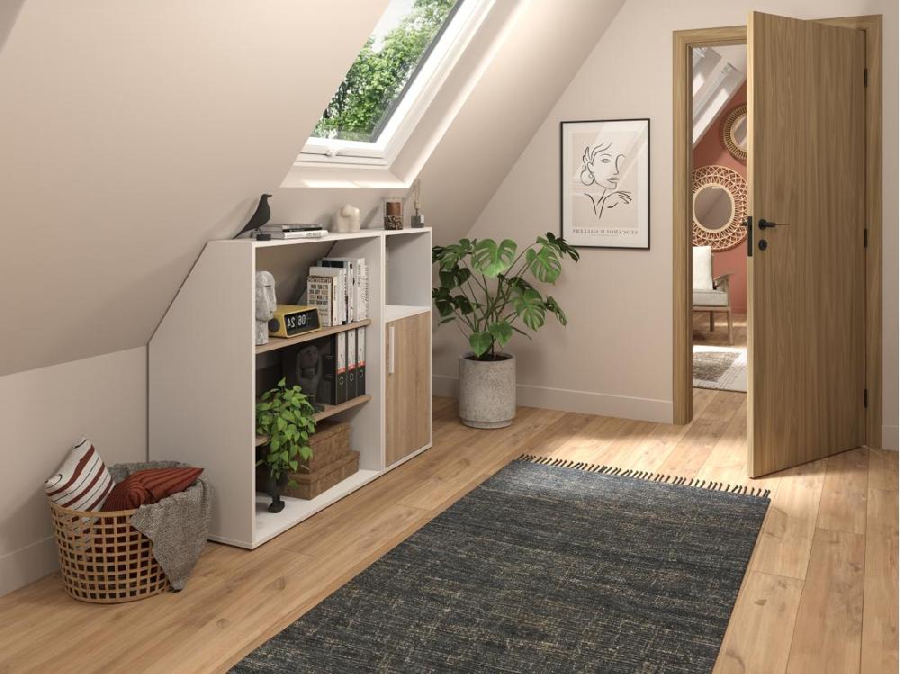 vente unique Meuble sous pente 1 porte 2 étagères et 1 niche - Blanc et naturel - ADEZIO