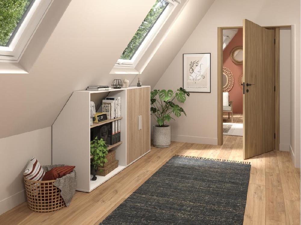 vente unique Meuble sous pente 2 portes et 2 étagères - Blanc et naturel - ADEZIO