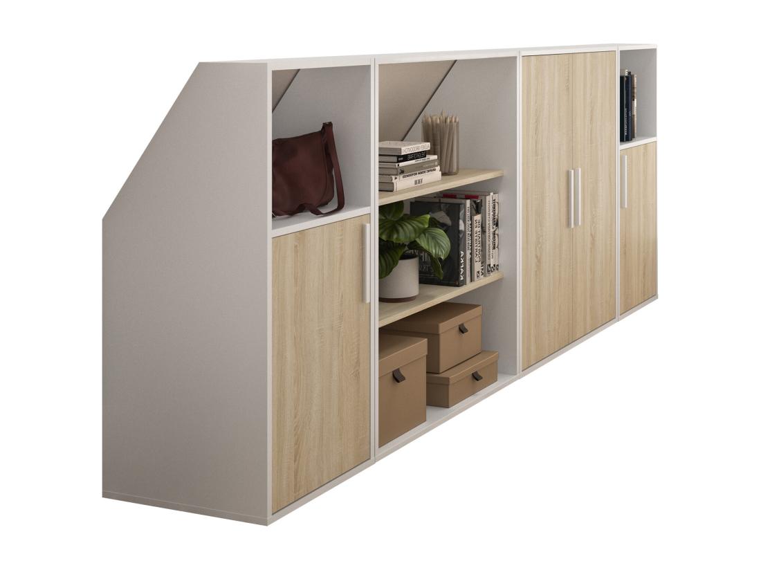 Vente Unique Meuble Sous Pente 4 Portes 2 étagères Et 2 Niches - Blanc Et Naturel - ADEZIO