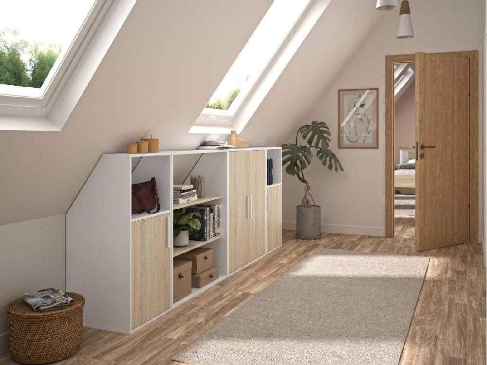 vente unique Meuble sous pente 4 portes 2 étagères et 2 niches - Blanc et naturel - ADEZIO