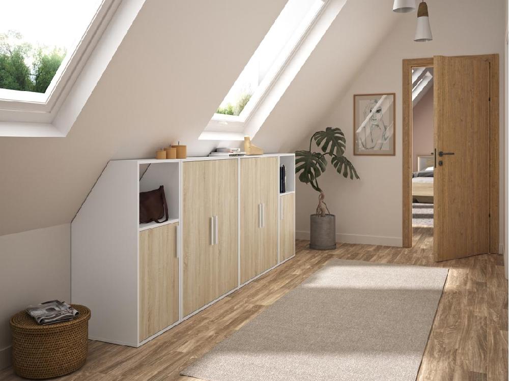 vente unique Meuble sous pente 6 portes et 2 niches - Blanc et naturel - ADEZIO